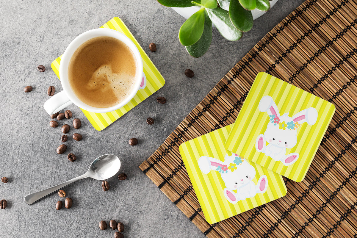 Easter White Rabbit with Flowers Foam Coasters Set of 4 Cup Coasters for Indoor Outdoor, Tabletop Protection, Anti Slip, Mouse pad Material