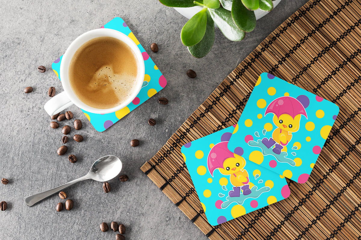 Duck in the Rain on Polkadots Foam Coasters Set of 4 Cup Coasters for Indoor Outdoor, Tabletop Protection, Anti Slip, Mouse pad Material