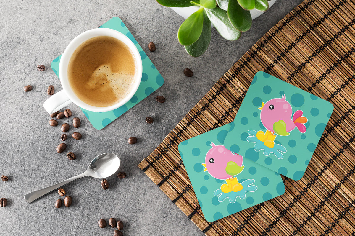 Bird in Rainboots and Puddle Foam Coasters Set of 4 Cup Coasters for Indoor Outdoor, Tabletop Protection, Anti Slip, Mouse pad Material