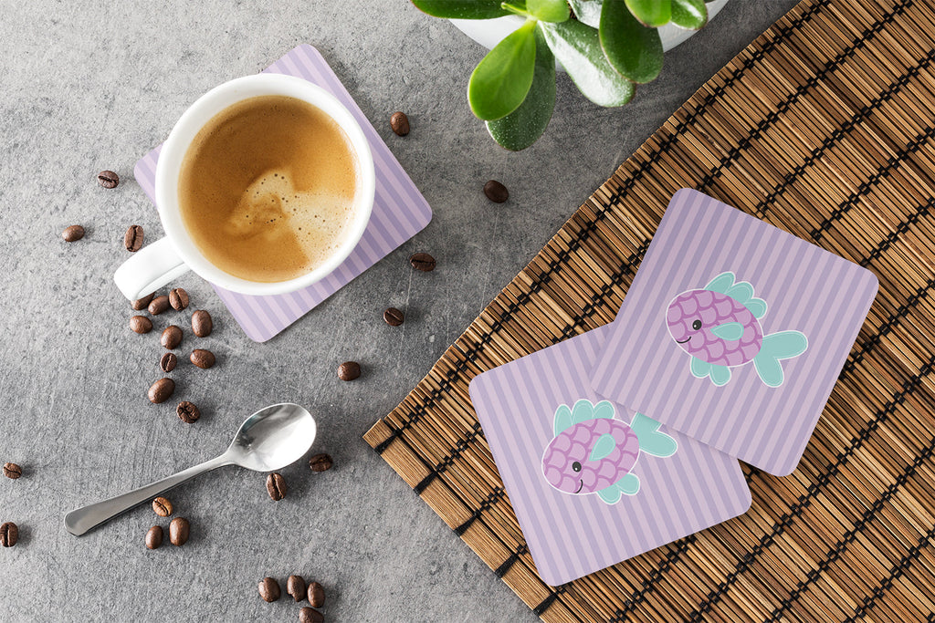 Purple Fish Foam Coasters Set of 4 Cup Coasters for Indoor Outdoor, Tabletop Protection, Anti Slip, Mouse pad Material