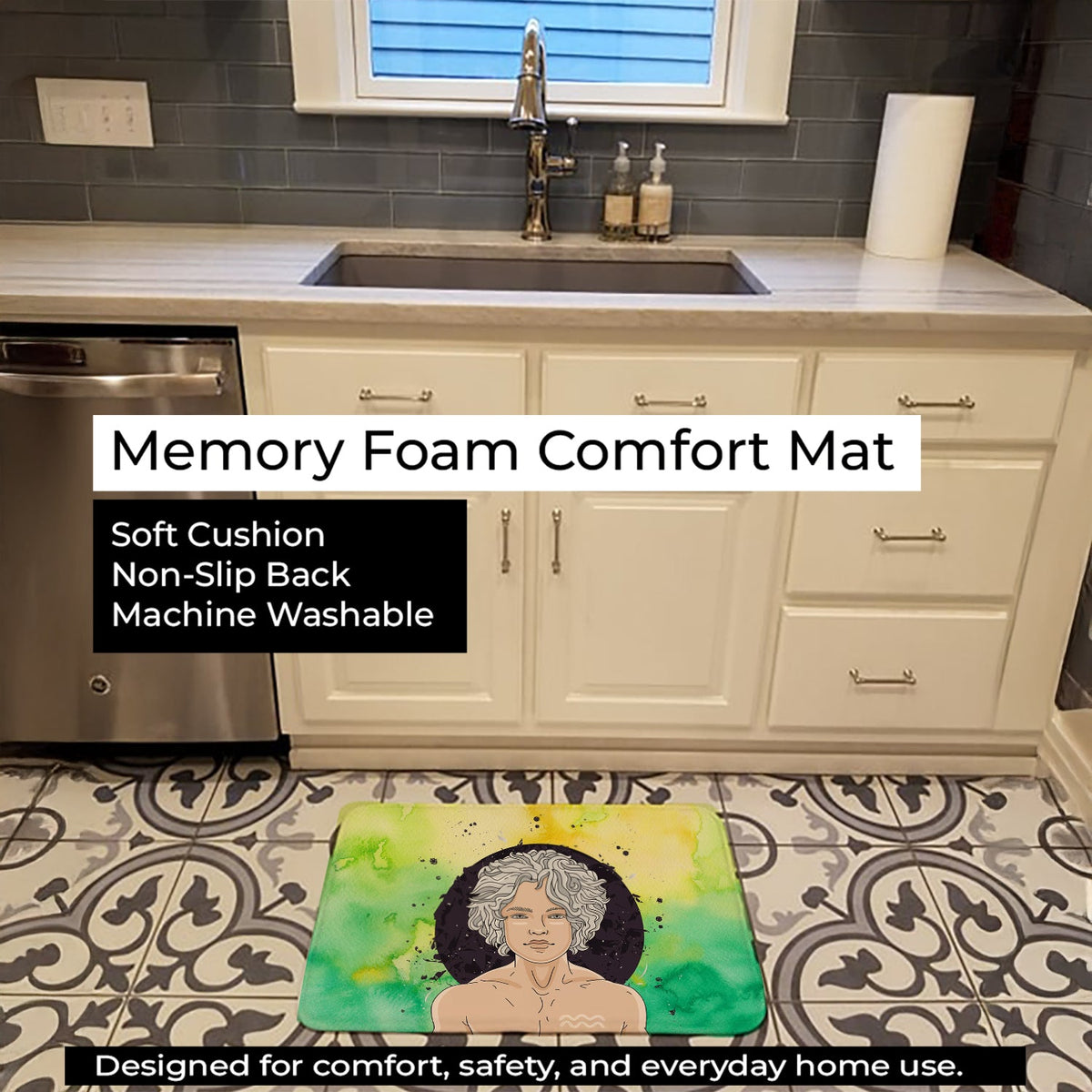 Aquarius Zodiac Sign Memory Foam Kitchen Mat Machine Washable Anti-Fatigue Cushion Comfort Bath or Kitchen Rug