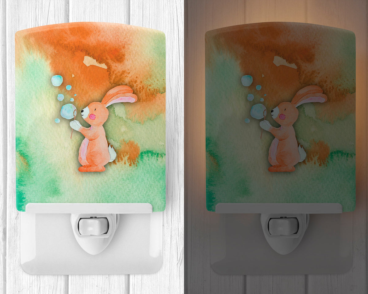 Rabbit and Bubbles Watercolor Ceramic Night Light Compact, UL-Certified, Ideal for Bedroom, Bathroom, Nursery, Hallway, Kitchen, 6x4x3, Multicolor