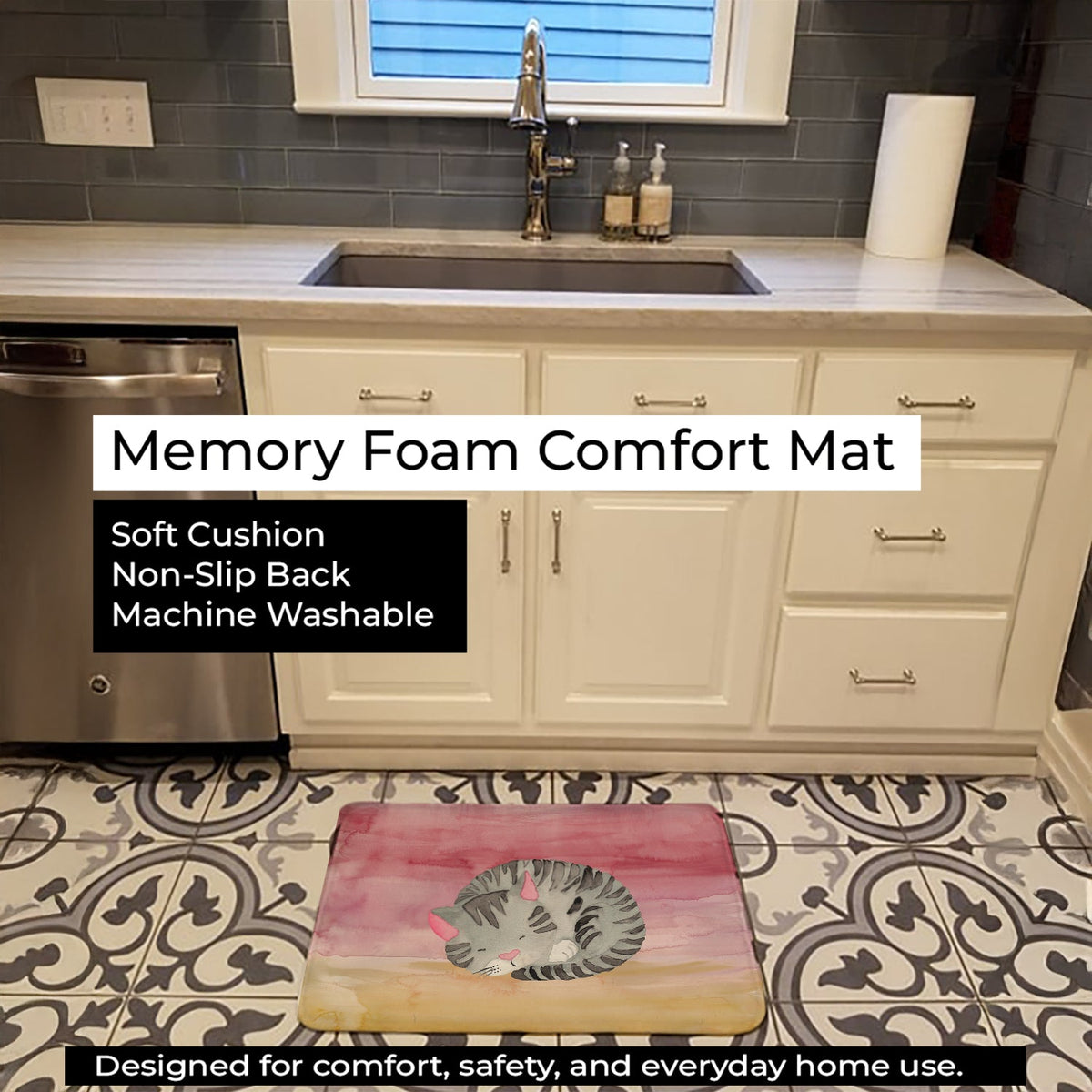 Sleeping Grey Cat Watercolor Memory Foam Kitchen Mat Machine Washable Anti-Fatigue Cushion Comfort Bath or Kitchen Rug