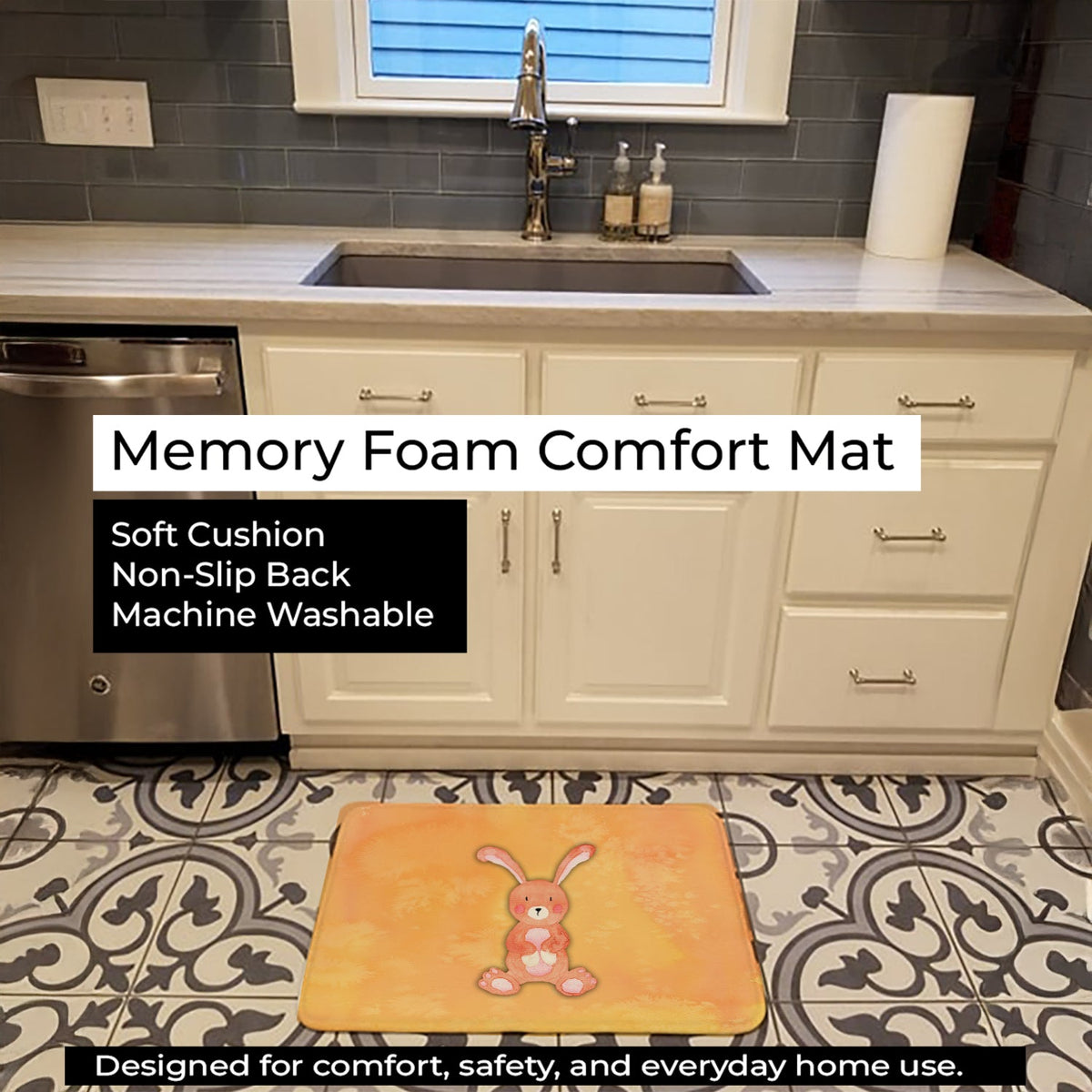 Rabbit Watercolor Memory Foam Kitchen Mat Machine Washable Anti-Fatigue Cushion Comfort Bath or Kitchen Rug