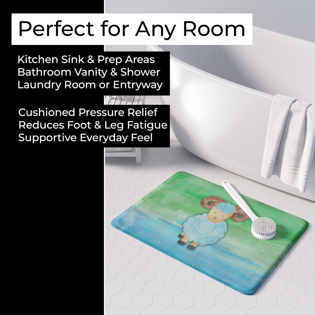 Ram Sheep Watercolor Memory Foam Kitchen Mat Machine Washable Anti-Fatigue Cushion Comfort Bath or Kitchen Rug