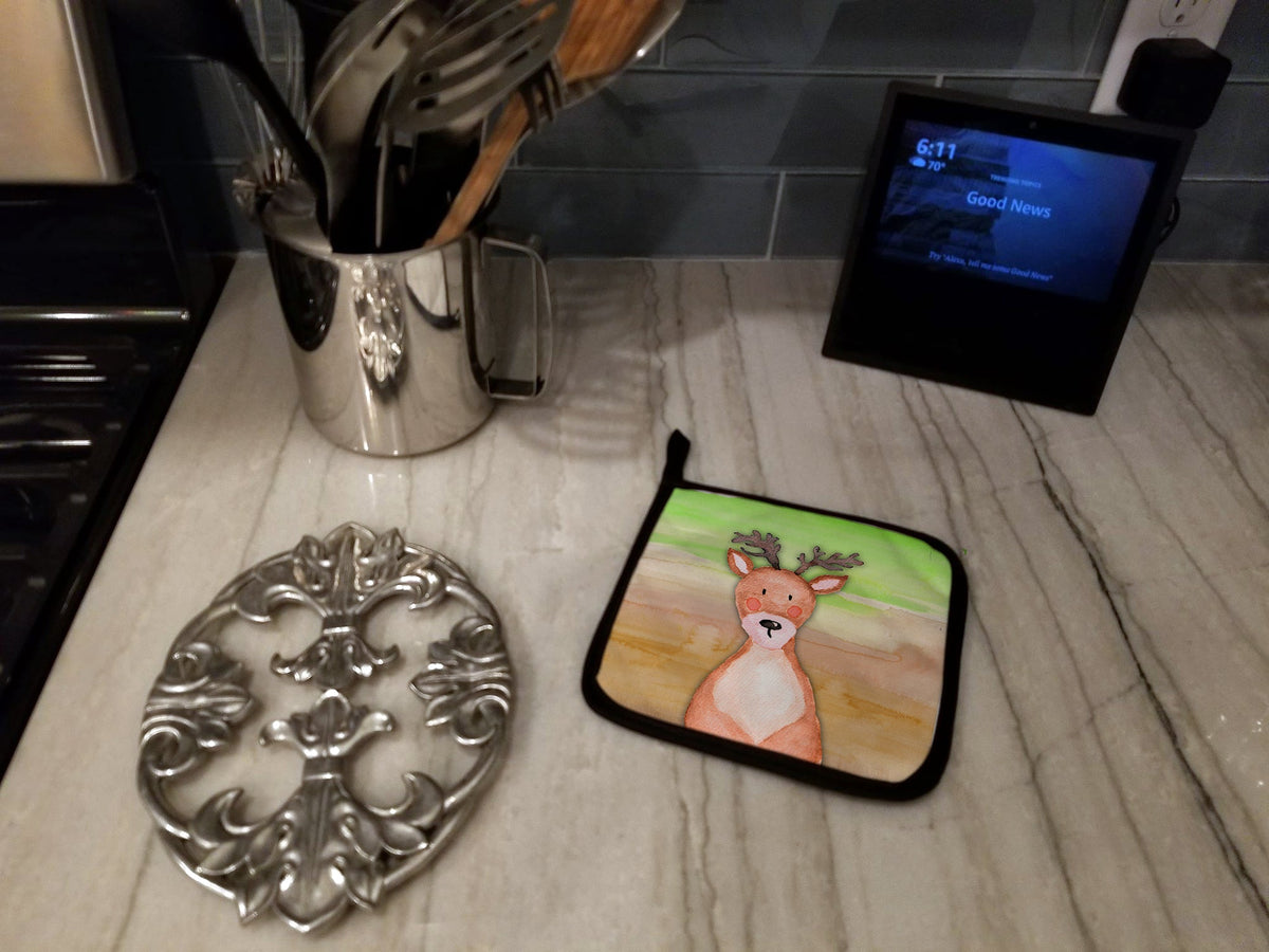 Deer Watercolor Pot Holder Set of 2 Heat Resistant Quilted Hot Pads 7.5 x 7.5 Inch, Insulated Kitchen Trivets for Cooking & Baking