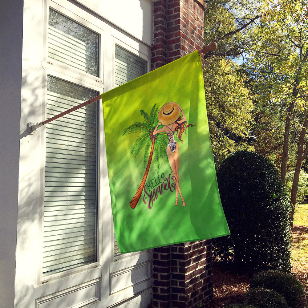 Hello Summer Lady in Swimsuit House Flag 28x40 Porch Sleeve Pole Decorative Outside Yard Banner Artwork Wall Hanging, Polyester
