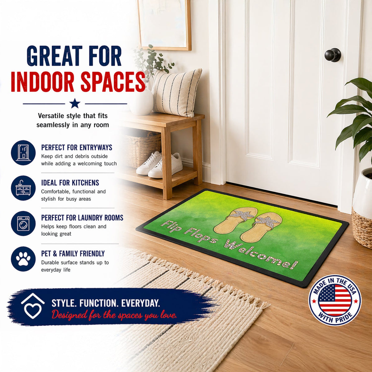 Flip Flops Welcome Doormat Indoor Outdoor 24H X 36W Front Door Mat Rugs for Entryway, Non Slip Washable Low Pile,
