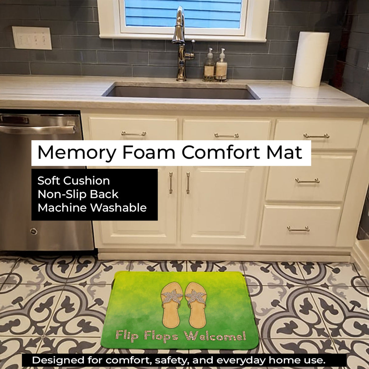 Flip Flops Welcome Memory Foam Kitchen Mat Machine Washable Anti-Fatigue Cushion Comfort Bath or Kitchen Rug