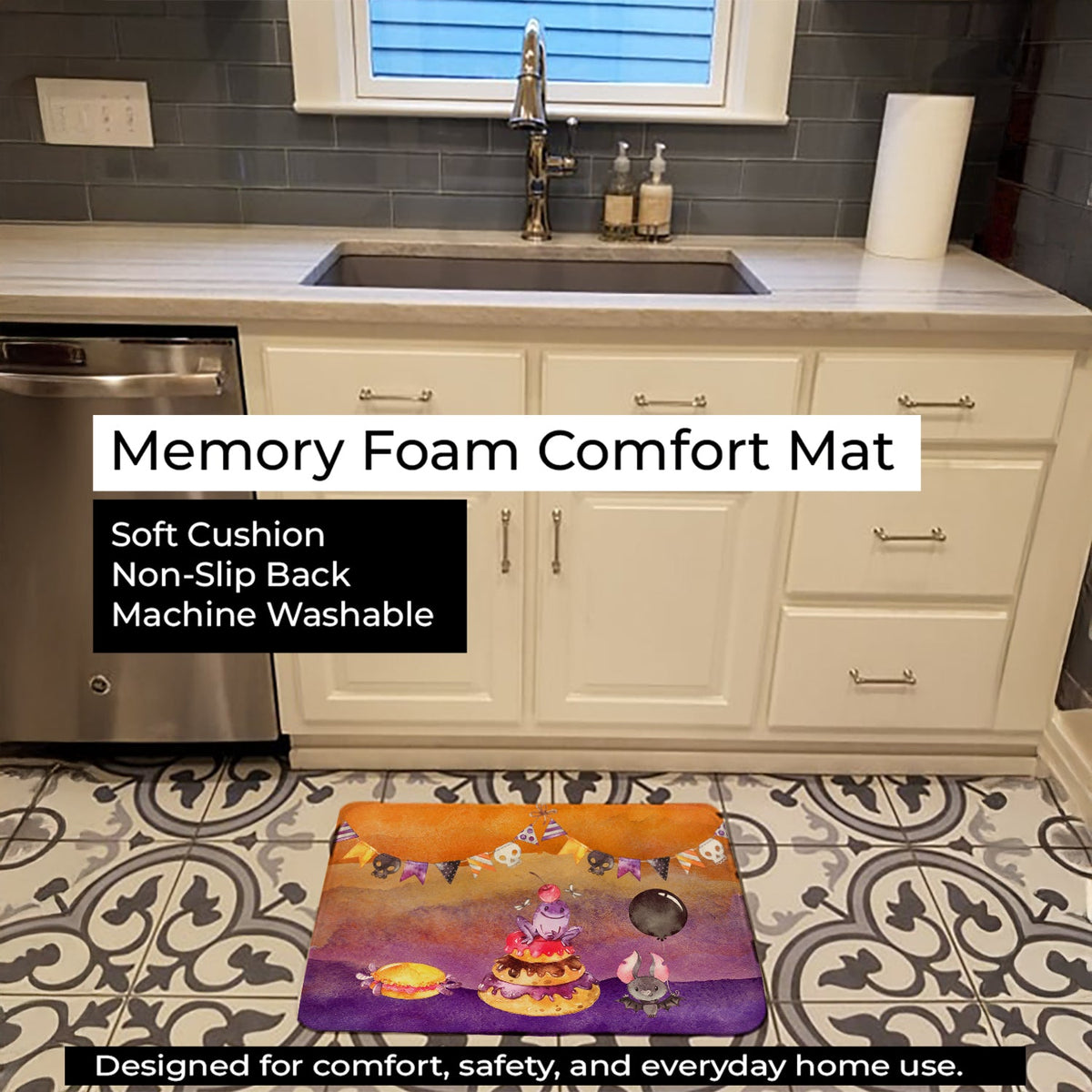 Halloween Sweets Party Memory Foam Kitchen Mat Machine Washable Anti-Fatigue Cushion Comfort Bath or Kitchen Rug