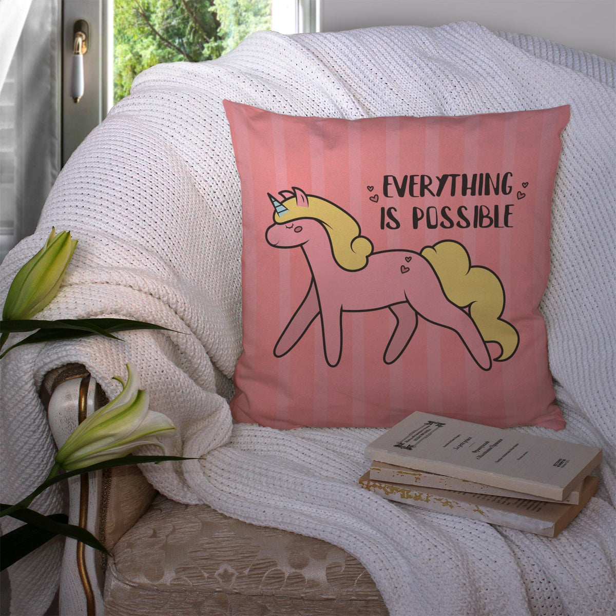 Nursery Everything is Possible Unicorn Decorative Throw Pillow 14x14 Indoor Outdoor Accent Cushion, Fabric Cover with Insert for Sofa, Bed, Porch & Living Room
