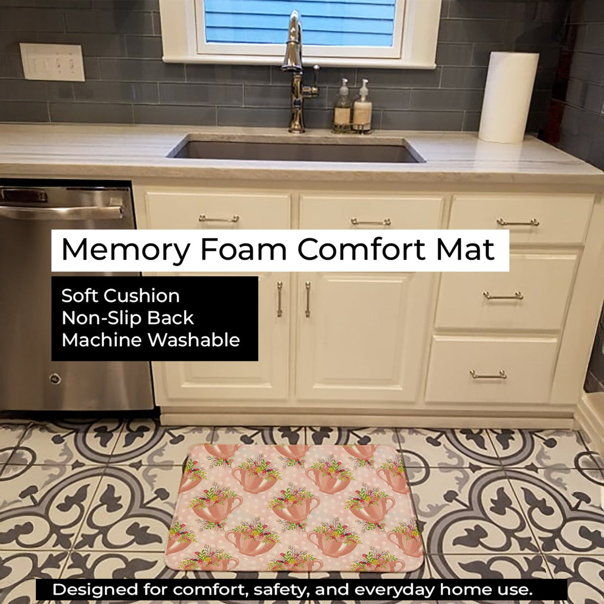 Tea Cup and Flowers Pink Memory Foam Kitchen Mat Machine Washable Anti-Fatigue Cushion Comfort Bath or Kitchen Rug