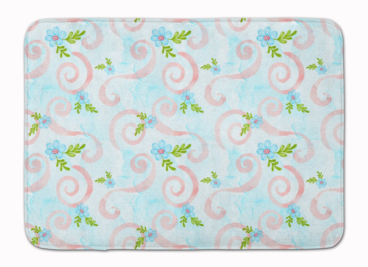 Watercolor Blue Flowers and Swirls Memory Foam Kitchen Mat Machine Washable Anti-Fatigue Cushion Comfort Bath or Kitchen Rug