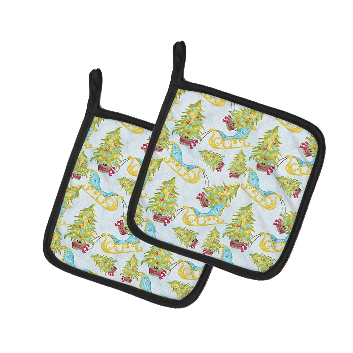 Christmas Tree and Sleigh Pot Holder Set of 2 Heat Resistant Quilted Hot Pads 7.5 x 7.5 Inch, Insulated Kitchen Trivets for Cooking & Baking