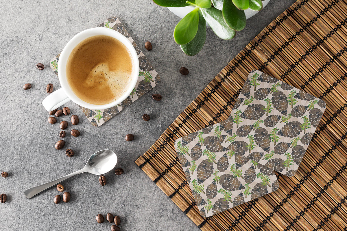 Watercolor Pine Cones Foam Coasters Set of 4 Cup Coasters for Indoor Outdoor, Tabletop Protection, Anti Slip, Mouse pad Material