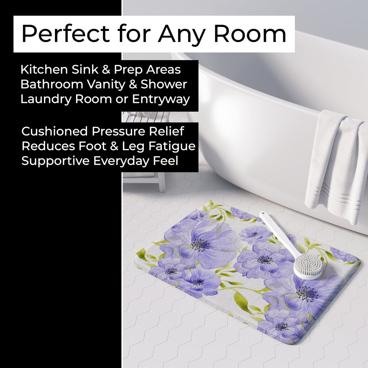 Watercolor Blue Flowers Memory Foam Kitchen Mat Machine Washable Anti-Fatigue Cushion Comfort Bath or Kitchen Rug