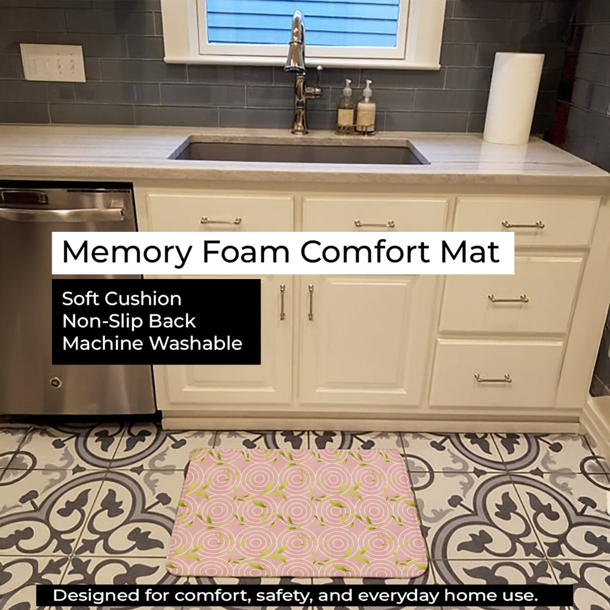 Gemoetric Circles on Pink Watercolor Memory Foam Kitchen Mat Machine Washable Anti-Fatigue Cushion Comfort Bath or Kitchen Rug