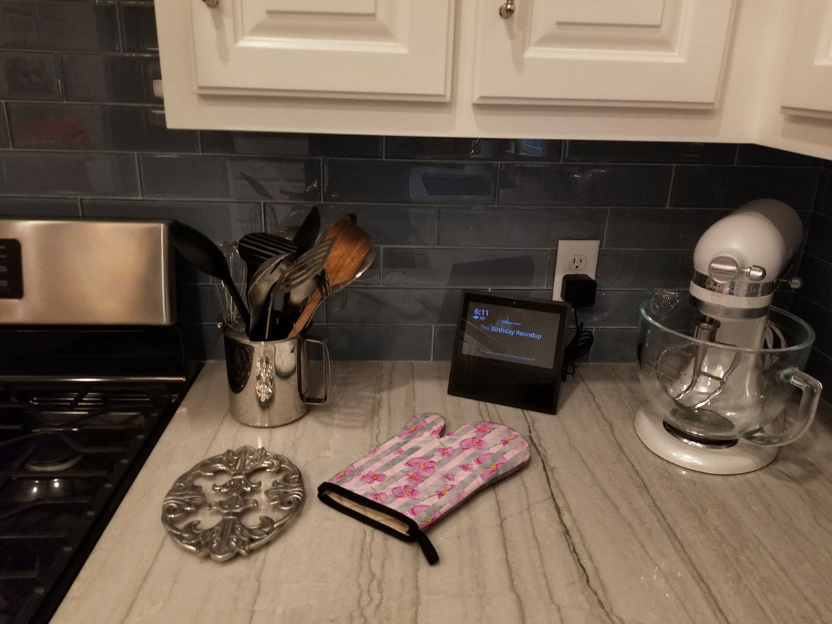 Watercolor Pink Flowers Grey Stripes Oven Mitt Heat Resistant Thick Oven Mitt for Hot Pans and Oven, Kitchen Mitt Protect Hands, Cooking Baking Glove
