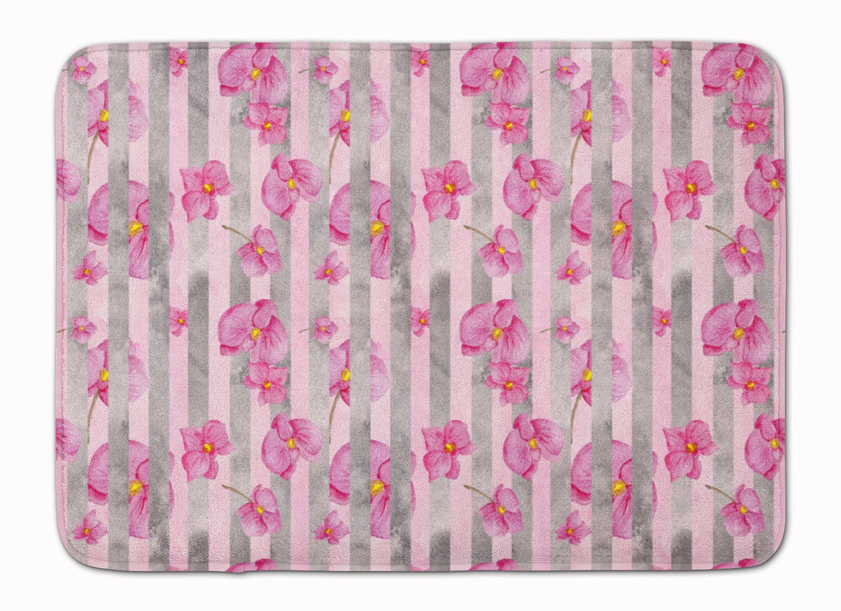 Watercolor Pink Flowers Grey Stripes Memory Foam Kitchen Mat Machine Washable Anti-Fatigue Cushion Comfort Bath or Kitchen Rug
