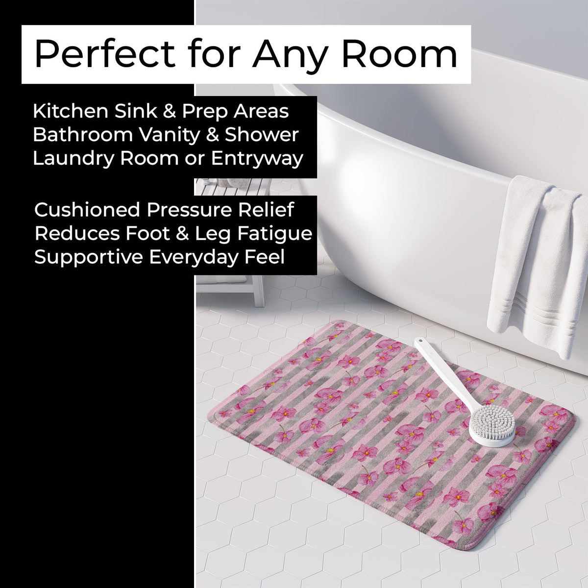 Watercolor Pink Flowers Grey Stripes Memory Foam Kitchen Mat Machine Washable Anti-Fatigue Cushion Comfort Bath or Kitchen Rug