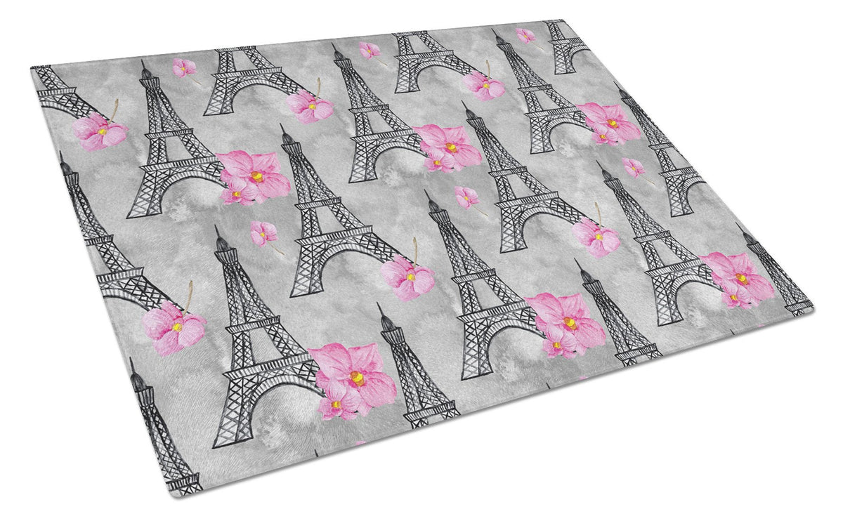 Watercolor Pink Flowers Eiffel Tower Cutting Board Tempered Glass Kitchen Cutting Surface, Heat Resistant Chopping, Non-Slip Feet, Food Prep & Serving