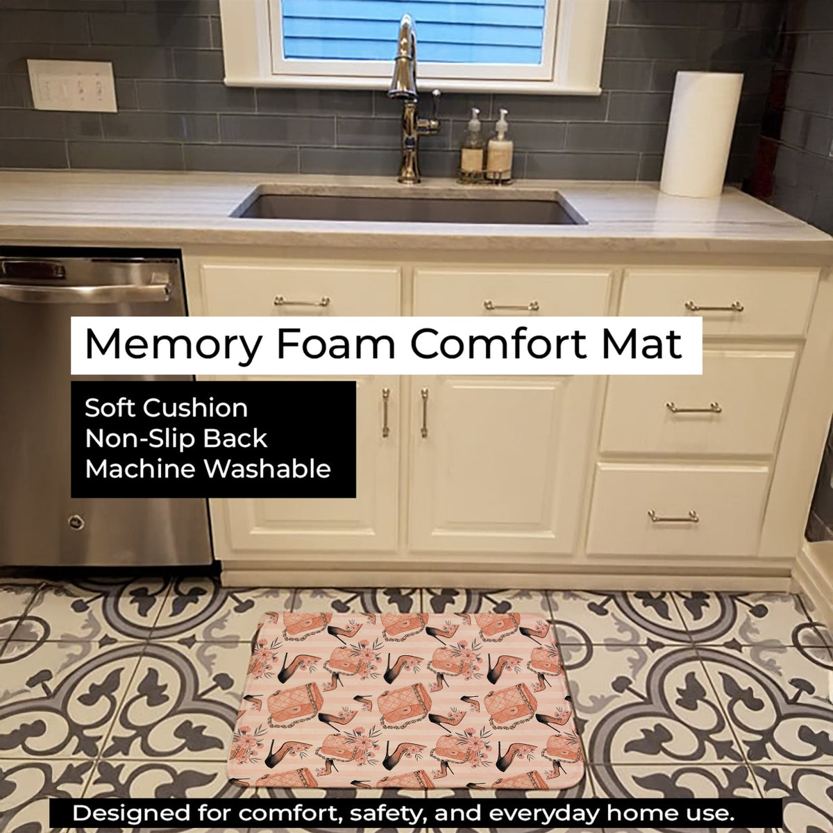 Fashion Diva Shoes and Purses Memory Foam Kitchen Mat Machine Washable Anti-Fatigue Cushion Comfort Bath or Kitchen Rug