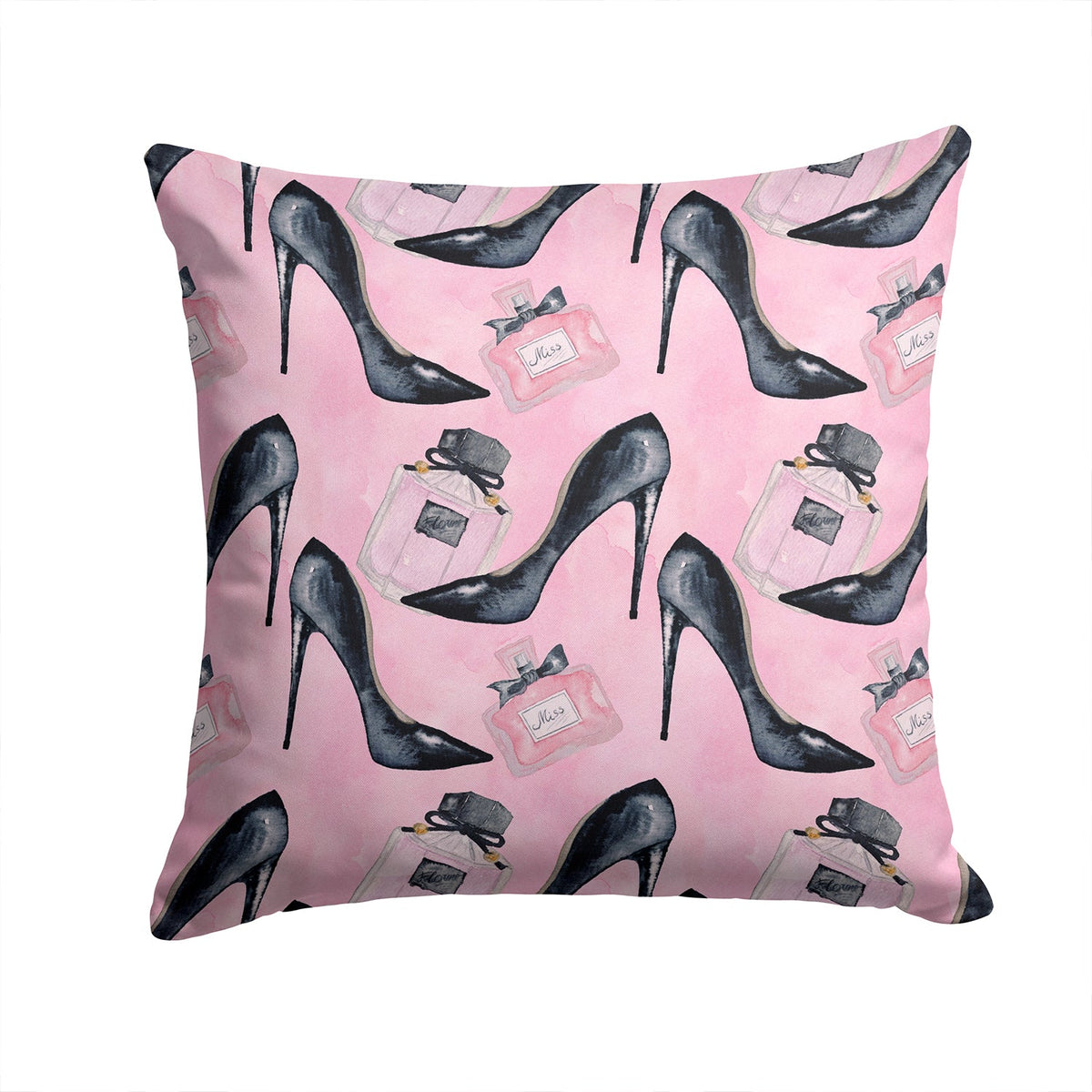 Fashion Diva Shoes and Perfume Decorative Throw Pillow 14x14 Indoor Outdoor Accent Cushion, Fabric Cover with Insert for Sofa, Bed, Porch & Living Room