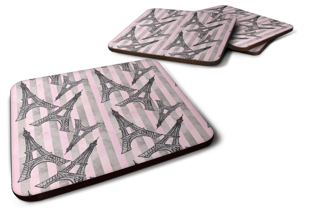 Watercolor Eiffel Tower and Stripes Foam Coasters Set of 4 Cup Coasters for Indoor Outdoor, Tabletop Protection, Anti Slip, Mouse pad Material