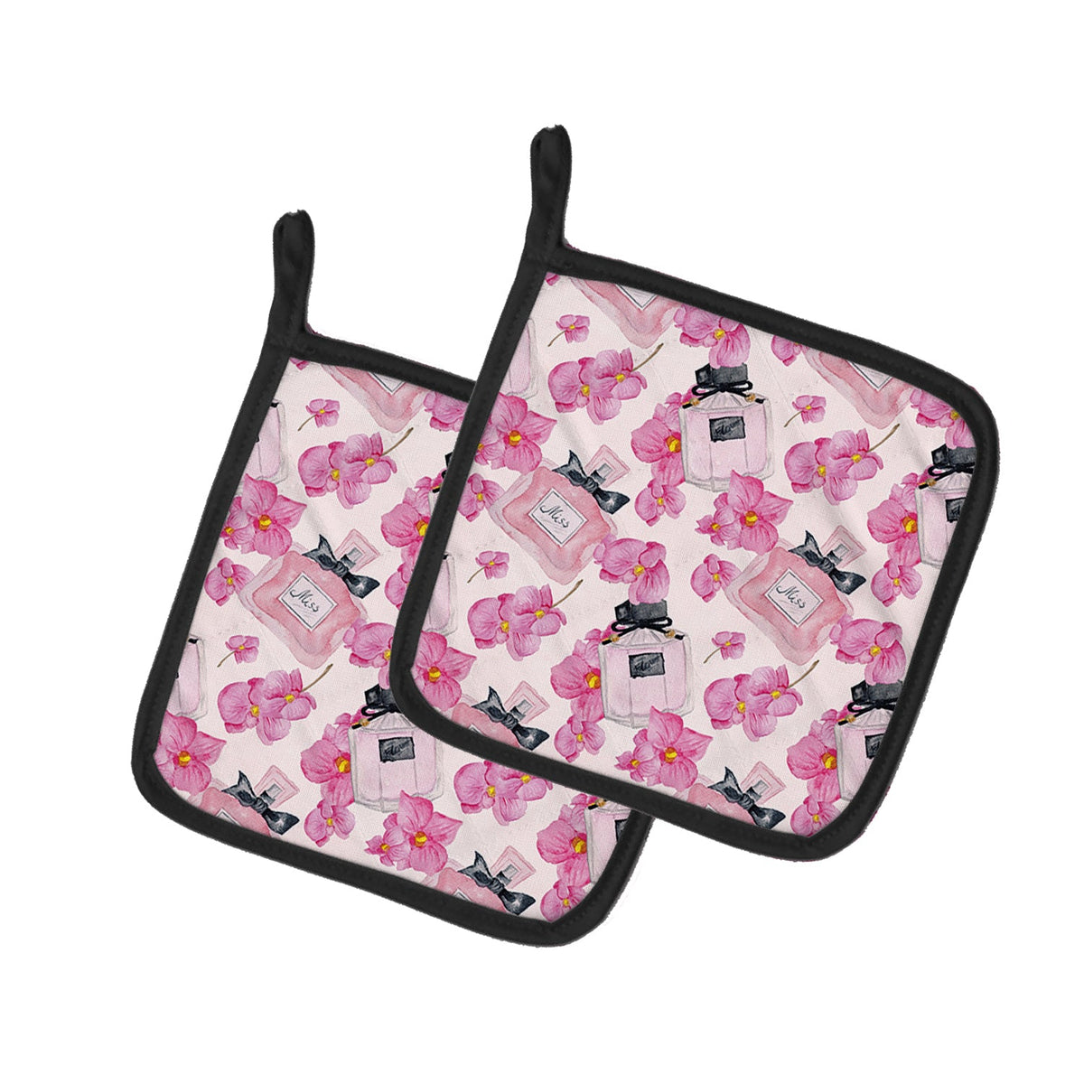 Watercolor Pink Flowers and Perfume Pot Holder Set of 2 Heat Resistant Quilted Hot Pads 7.5 x 7.5 Inch, Insulated Kitchen Trivets for Cooking & Baking