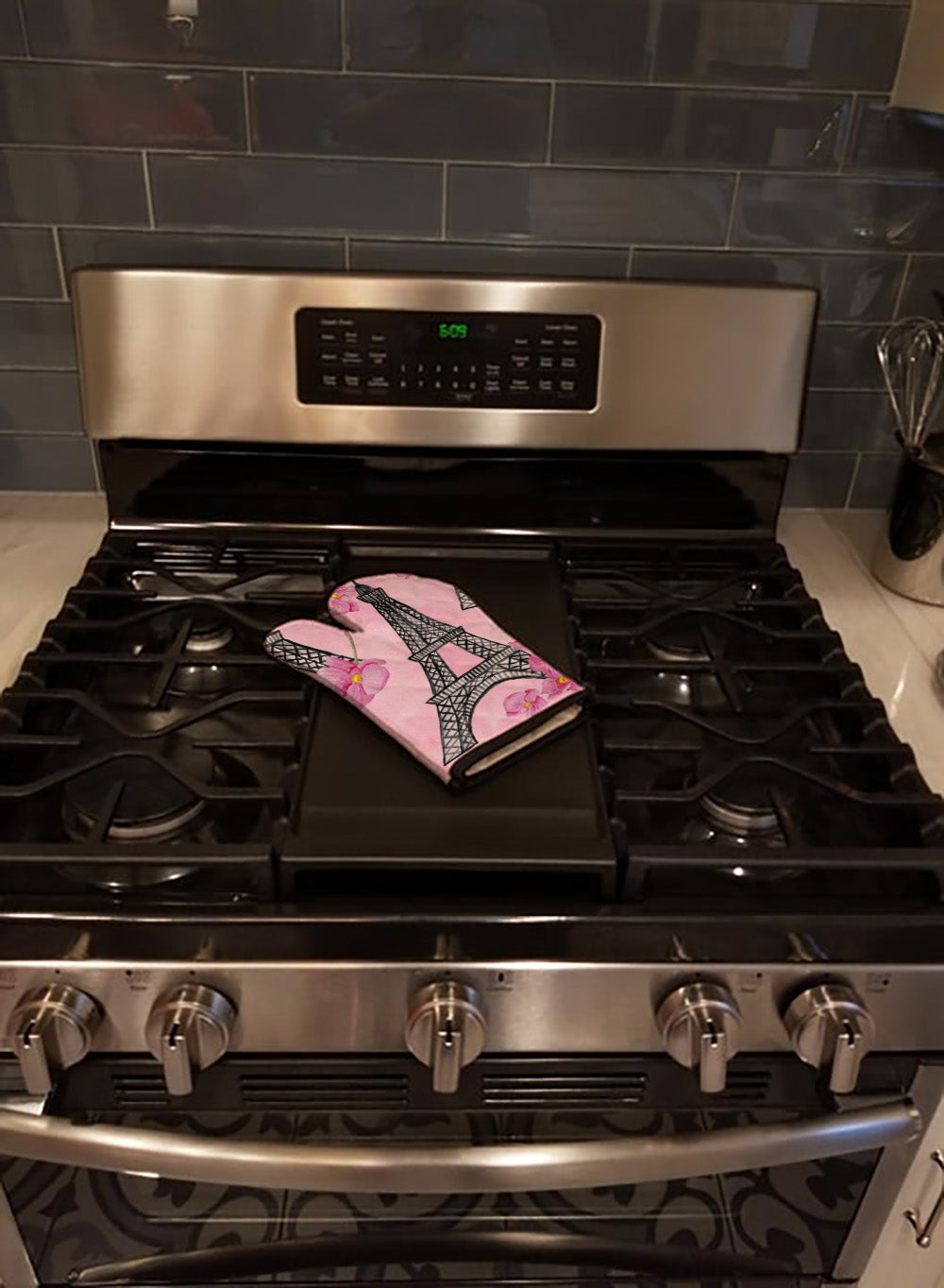 Watercolor Pink Flowers and Eiffel Tower Oven Mitt Heat Resistant Thick Oven Mitt for Hot Pans and Oven, Kitchen Mitt Protect Hands, Cooking Baking Glove