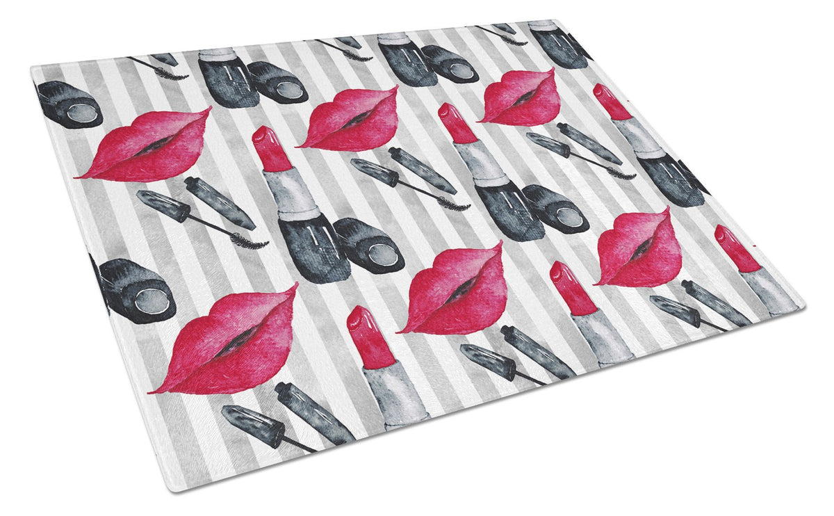 Watercolor Lipstick and Grey Stripes Cutting Board Tempered Glass Kitchen Cutting Surface, Heat Resistant Chopping, Non-Slip Feet, Food Prep & Serving