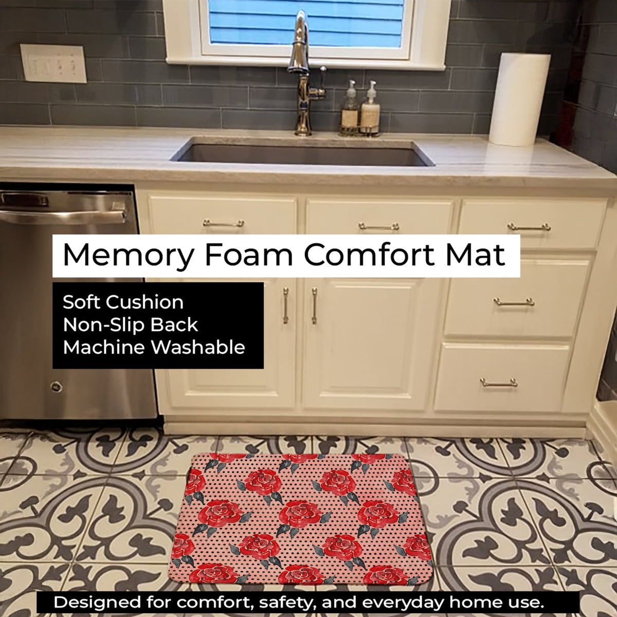 Watercolor Red Roses and Polkadots Memory Foam Kitchen Mat Machine Washable Anti-Fatigue Cushion Comfort Bath or Kitchen Rug