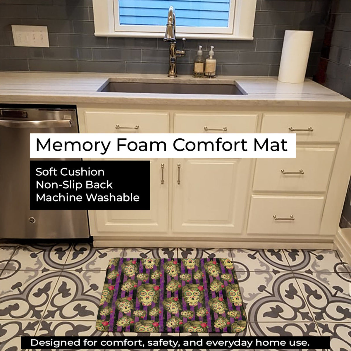 Watecolor Day of the Dead Halloween Memory Foam Kitchen Mat Machine Washable Anti-Fatigue Cushion Comfort Bath or Kitchen Rug