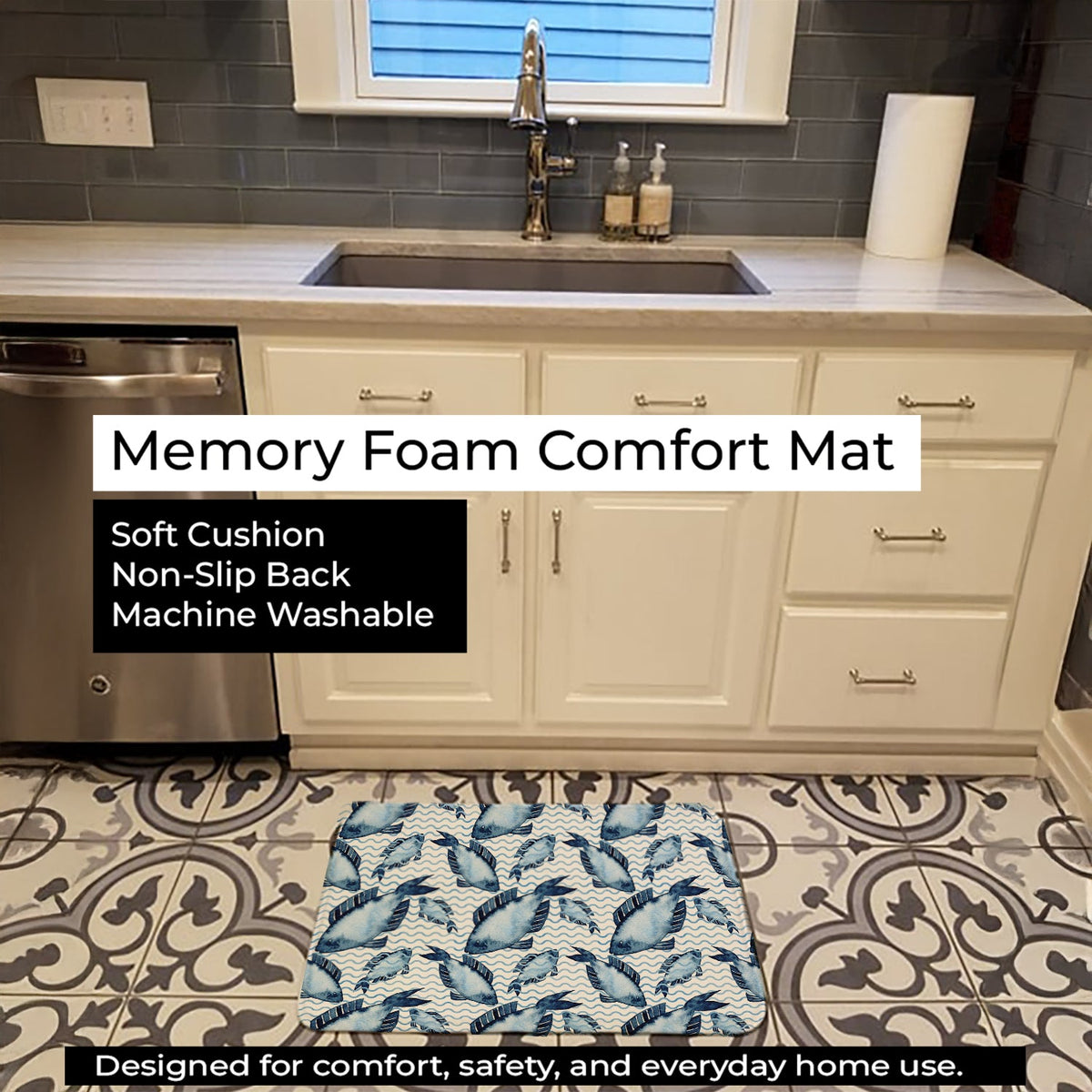 Beach Watercolor Fishes Memory Foam Kitchen Mat Machine Washable Anti-Fatigue Cushion Comfort Bath or Kitchen Rug