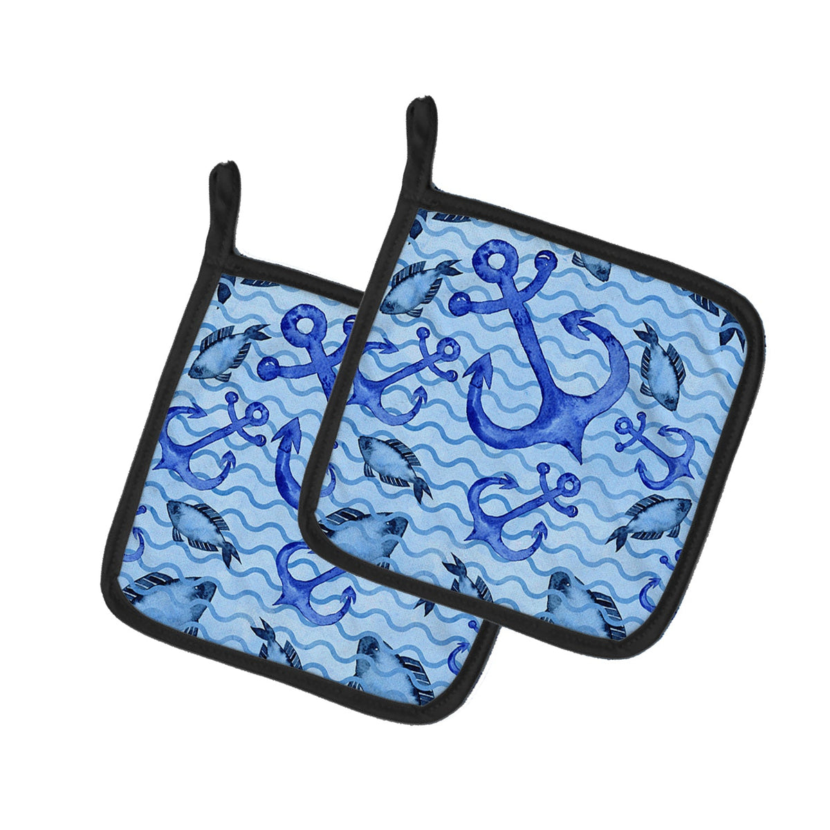 Beach Watercolor Anchors and Fish Pot Holder Set of 2 Heat Resistant Quilted Hot Pads 7.5 x 7.5 Inch, Insulated Kitchen Trivets for Cooking & Baking