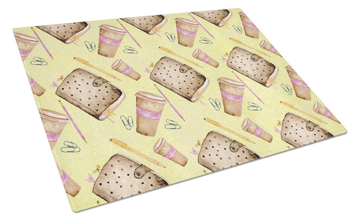Watercolor Coffee and Journal Cutting Board Tempered Glass Kitchen Cutting Surface, Heat Resistant Chopping, Non-Slip Feet, Food Prep & Serving