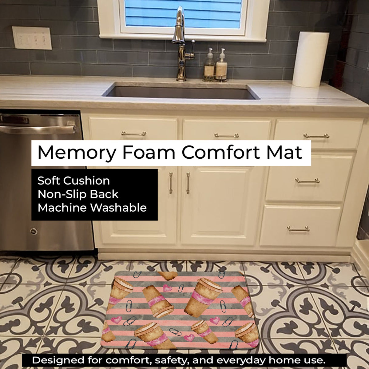 Watercolor Coffee and Paper Clips Memory Foam Kitchen Mat Machine Washable Anti-Fatigue Cushion Comfort Bath or Kitchen Rug