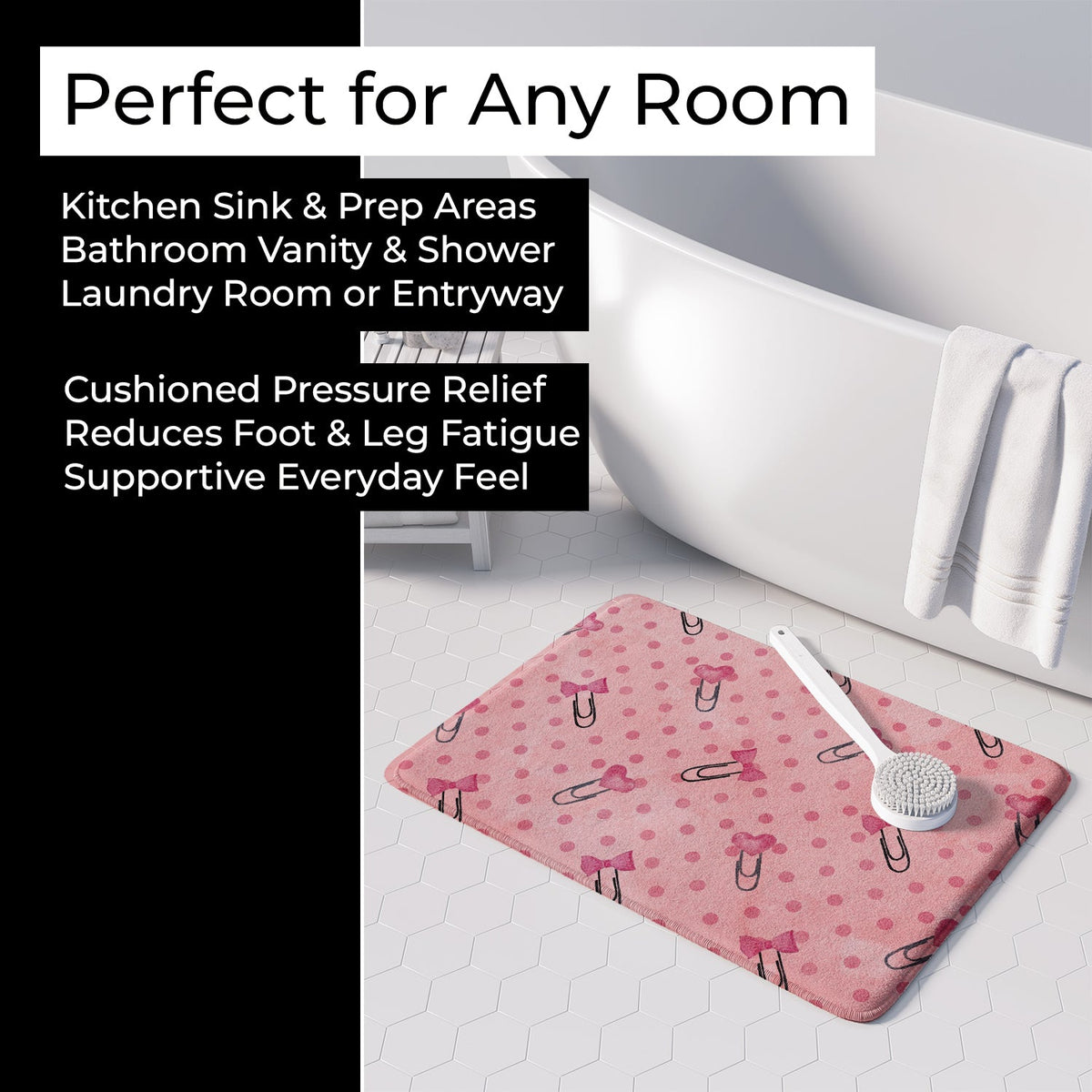 Watercolor Paper Clips and Polkadots Pink Memory Foam Kitchen Mat Machine Washable Anti-Fatigue Cushion Comfort Bath or Kitchen Rug