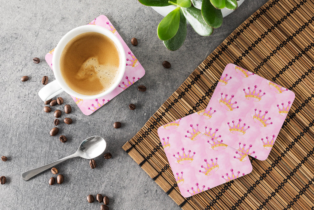 Watercolor Princess Crown on Pink Foam Coasters Set of 4 Cup Coasters for Indoor Outdoor, Tabletop Protection, Anti Slip, Mouse pad Material