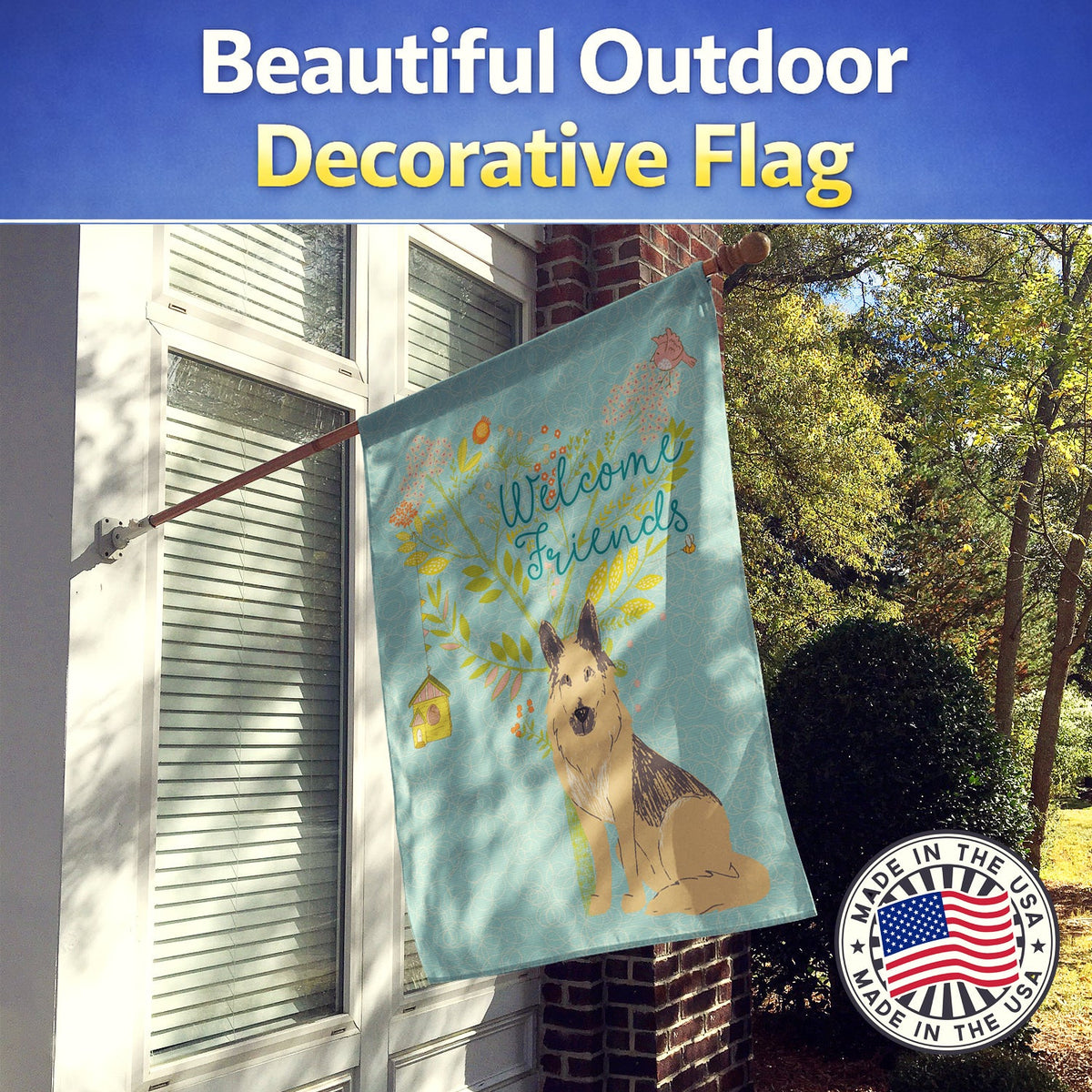Welcome Friends German Shepherd House Flag 28x40 Porch Sleeve Pole Decorative Outside Yard Banner Artwork Wall Hanging, Polyester