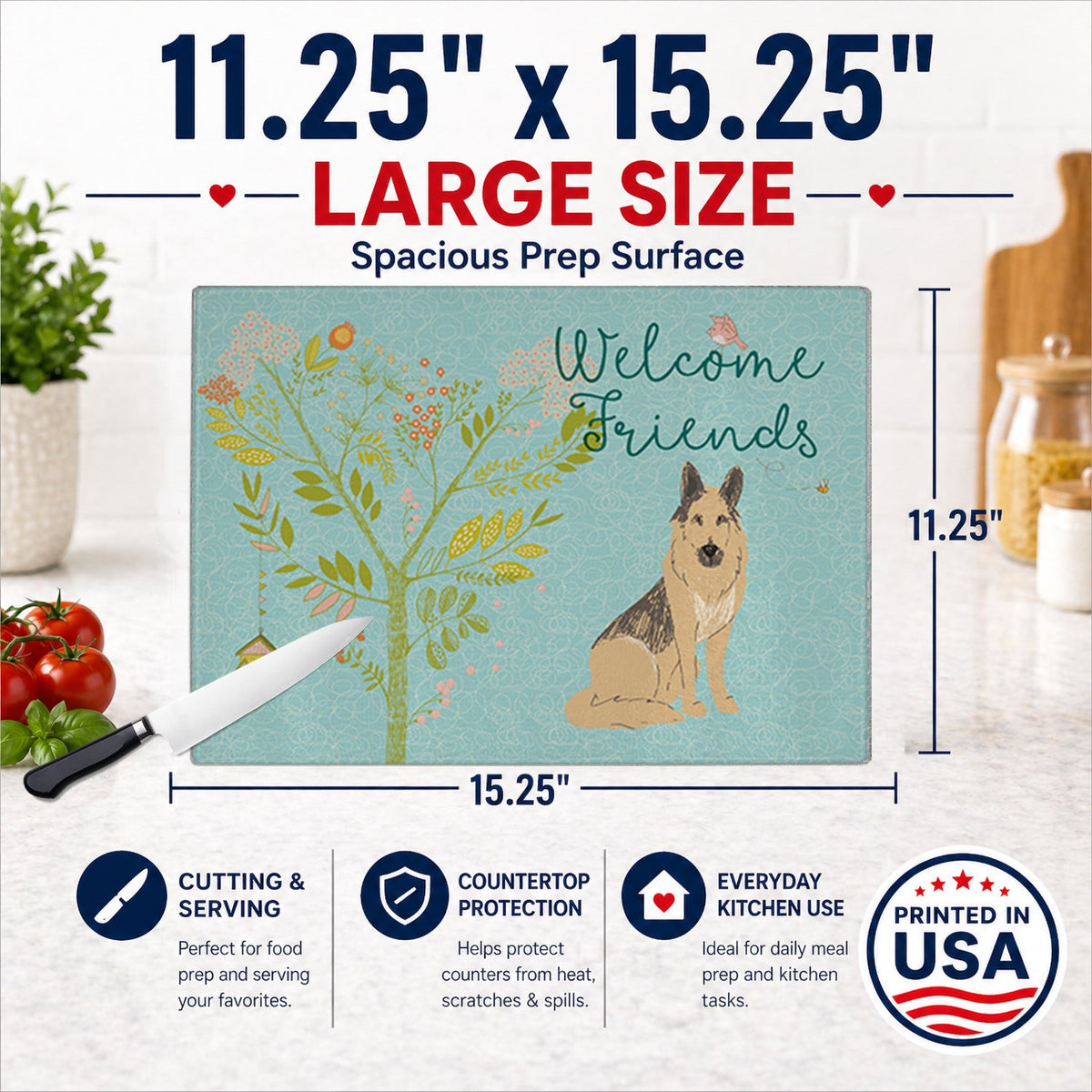 Welcome Friends German Shepherd Cutting Board Tempered Glass Kitchen Cutting Surface, Heat Resistant Chopping, Non-Slip Feet, Food Prep & Serving