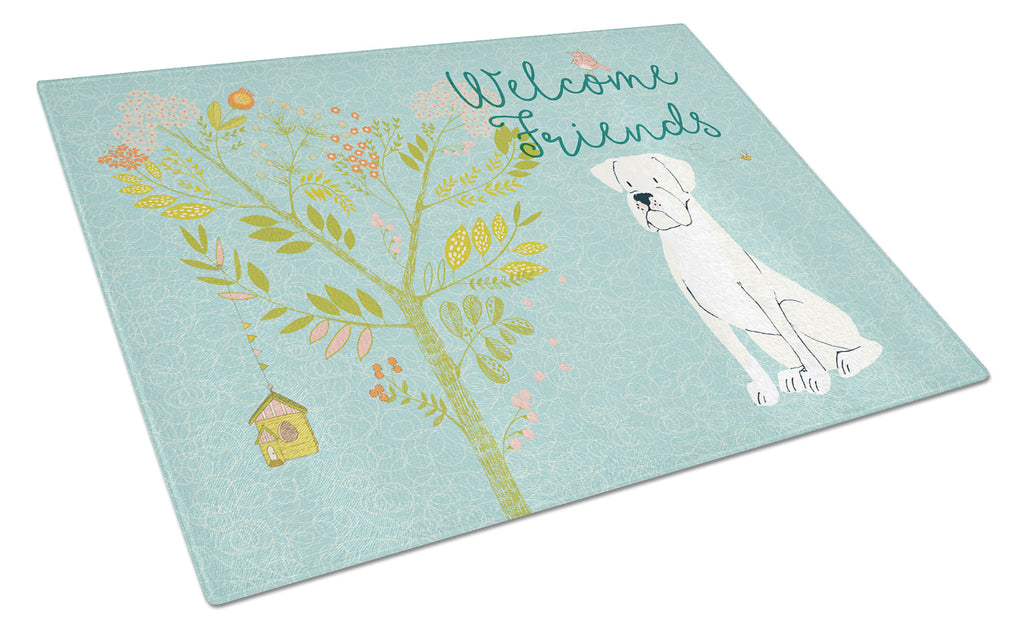 Welcome Friends White Boxer Cutting Board Tempered Glass Kitchen Cutting Surface, Heat Resistant Chopping, Non-Slip Feet, Food Prep & Serving