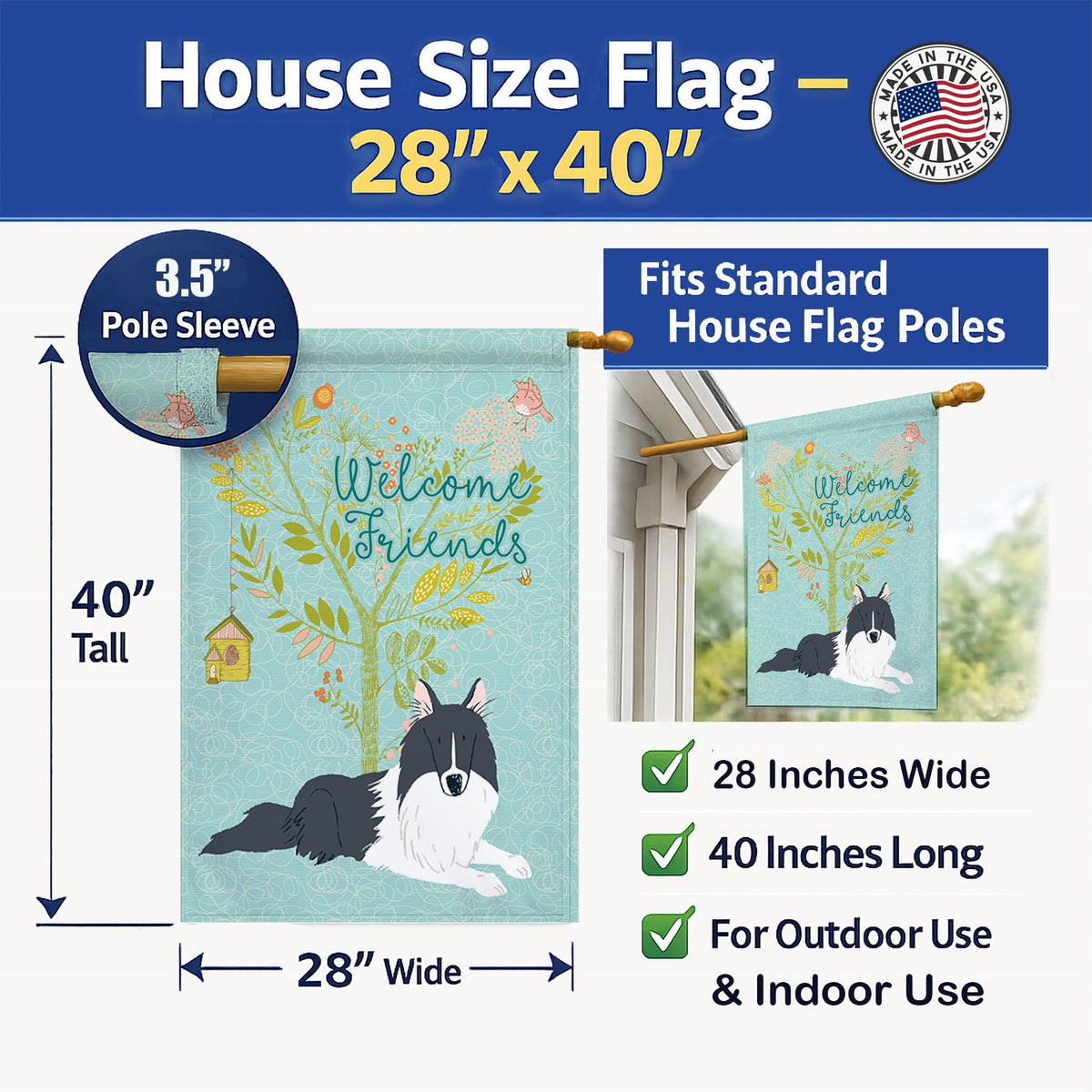 Welcome Friends Black White Collie House Flag 28x40 Porch Sleeve Pole Decorative Outside Yard Banner Artwork Wall Hanging, Polyester