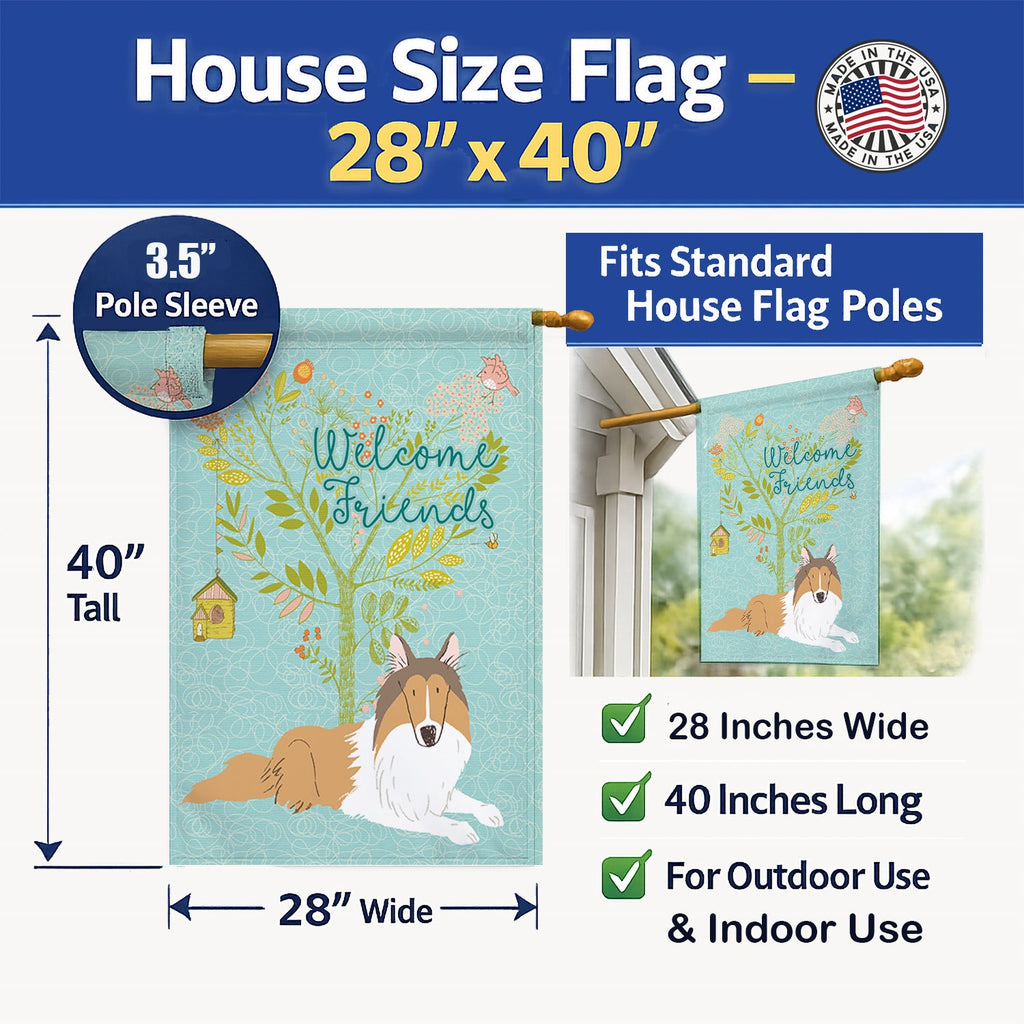 Welcome Friends Collie House Flag 28x40 Porch Sleeve Pole Decorative Outside Yard Banner Artwork Wall Hanging, Polyester