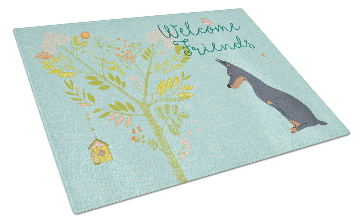 Welcome Friends Doberman Pinscher Cutting Board Tempered Glass Kitchen Cutting Surface, Heat Resistant Chopping, Non-Slip Feet, Food Prep & Serving