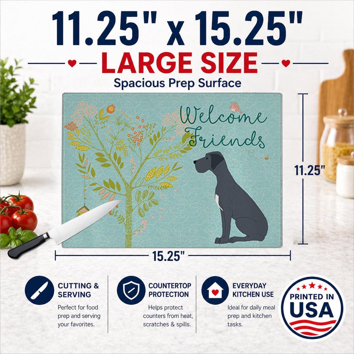 Welcome Friends Black Great Dane Cutting Board Tempered Glass Kitchen Cutting Surface, Heat Resistant Chopping, Non-Slip Feet, Food Prep & Serving