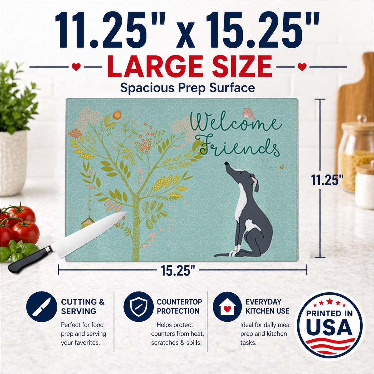 Welcome Friends Black White Greyhound Cutting Board Tempered Glass Kitchen Cutting Surface, Heat Resistant Chopping, Non-Slip Feet, Food Prep & Serving