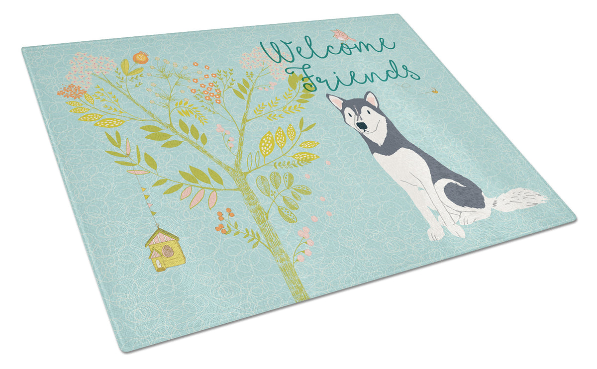 Welcome Friends Siberian Husky Cutting Board Tempered Glass Kitchen Cutting Surface, Heat Resistant Chopping, Non-Slip Feet, Food Prep & Serving