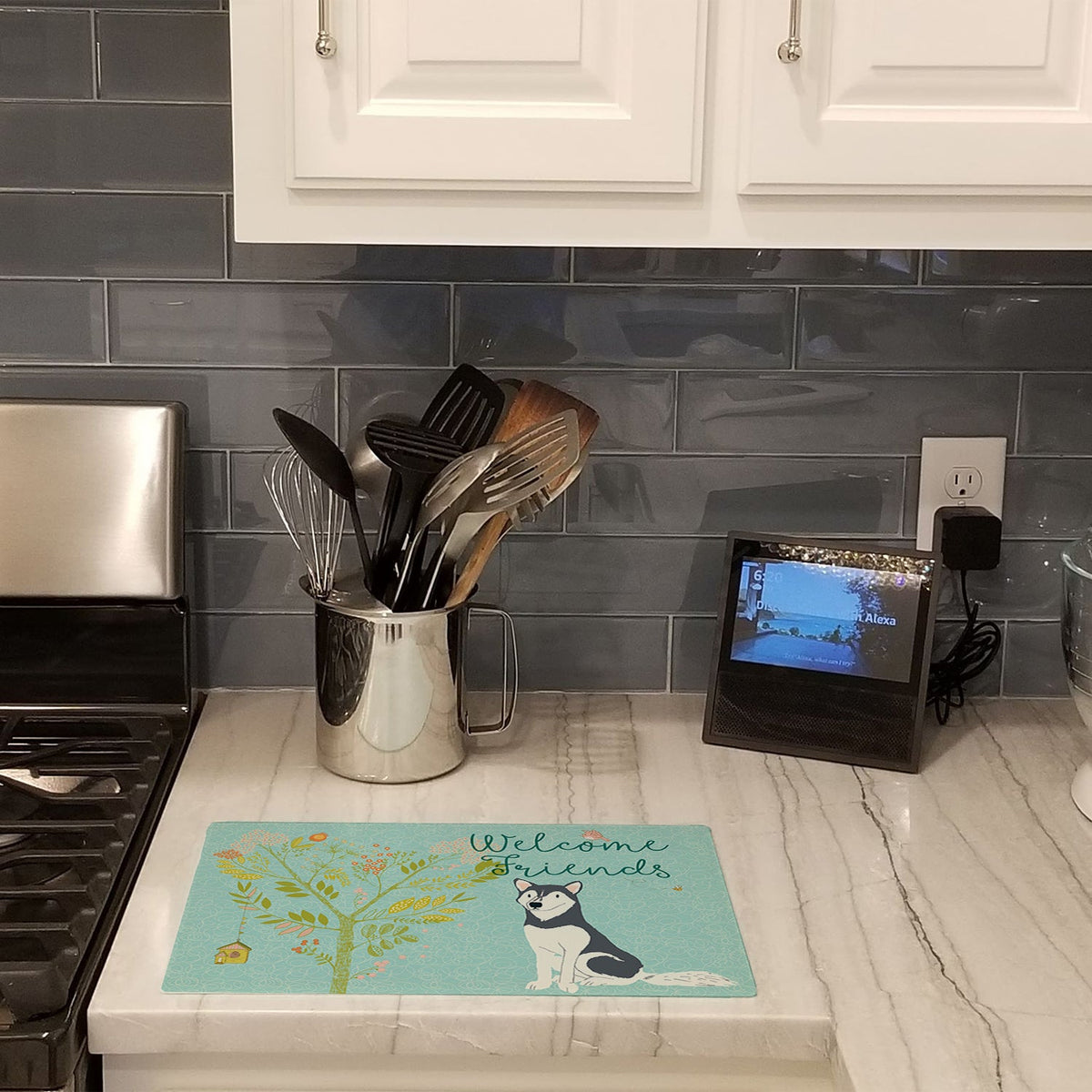 Welcome Friends Siberian Husky Cutting Board Tempered Glass Kitchen Cutting Surface, Heat Resistant Chopping, Non-Slip Feet, Food Prep & Serving