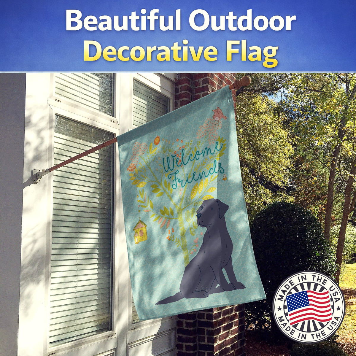 Welcome Friends Black Labrador Retriever House Flag 28x40 Porch Sleeve Pole Decorative Outside Yard Banner Artwork Wall Hanging, Polyester
